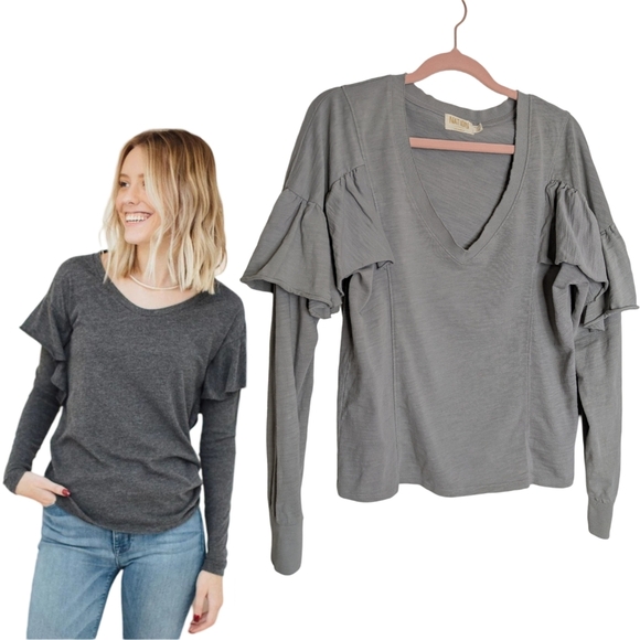 Nation LTD Gray Long Sleeve Ruffle Tee - Picture 1 of 12